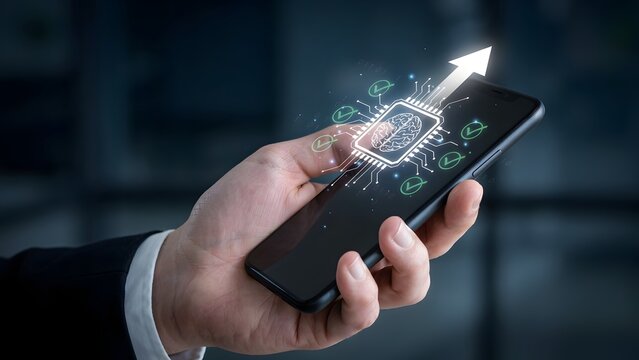 Close-up photo of businessman hand holding smartphone with futuristic artificial intelligence chip and digital arrow graphic