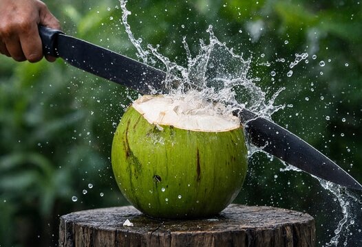 Fresh green coconut being opened with a sharp machete knife with refreshing splash of water