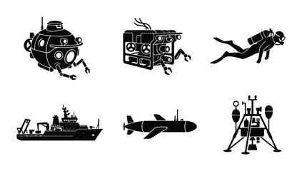 Underwater Exploration Icons: Submersible, ROV, Diver, Ship, Torpedo, Lander Vector Set © Galib