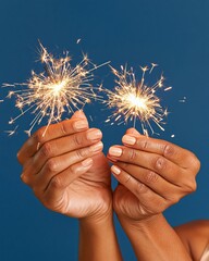 Naklejka premium Two hands holding lit sparklers against deep blue background, warm golden sparks glowing, manicured nails visible, festive celebration mood