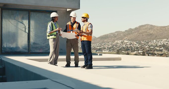 Team, quality control and inspection on construction site with tablet, discussion or project. Supervisor, digital tech and people with space and blueprint for engineer, meeting or safety compliance