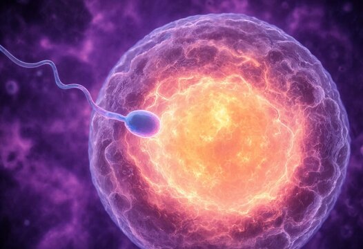 Microscopic view of a human sperm cell fertilizing an egg during conception