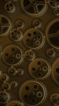 Interlocking Metal Gears Rotating Clockwork Mechanism Background Seamless Loop in rich brass tones vertical 9:16