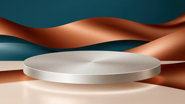 Circular brushed metal platform floating over layered copper and teal wavy background with soft lighting and copy space