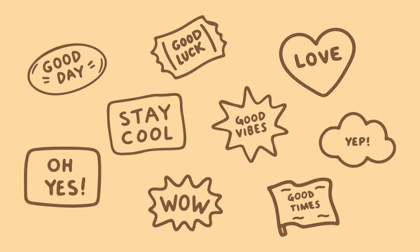 Positive Messages And Expressions Hand Drawn Doodle Icon Set. Motivational And Uplifting Phrases Sketch Symbol Collection. Social Media And Greeting Card Design. Isolated Vector Illustration
