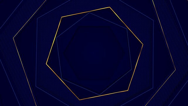 Dark polygon layers rotate wide center, slim blue gold lines for a sleek geometric. 19 intros, corporate branding, finance presentations, conference openers, esports promo, bold logo reveals.