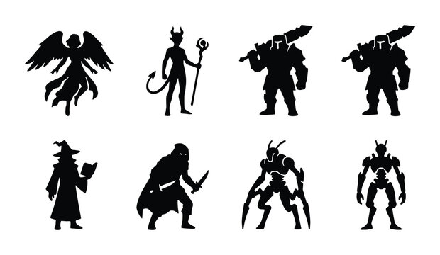 Fantasy Character Silhouettes: Warrior, Mage, Demon, Angel, Robot, Insectoid, Rogue, 8 Icons