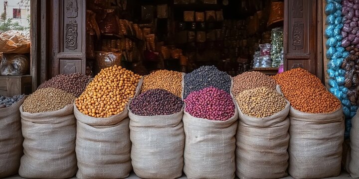 Bountiful selection involving various types of colorful dried beans legumes and food seeds stacks.