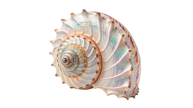 Beautiful spiral natural cream sea shell marine decoration isolated on transparent background.