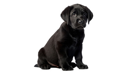 Cute small purebred black labrador puppy dog sitting down isolated on transparent background. © Oliver Plaza Photo