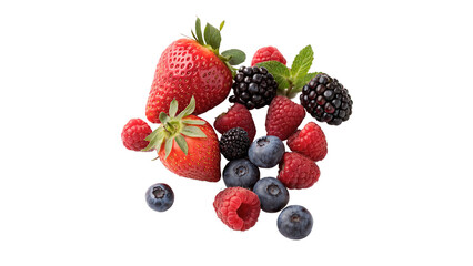 Mix pile of fresh strawberries blueberries and blackberries isolated on transparent background. © Oliver Plaza Photo