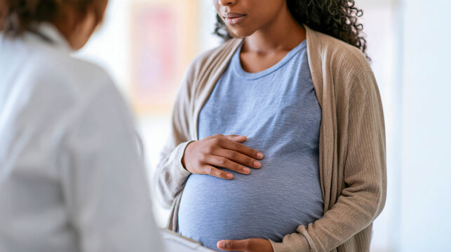 A pregnant woman is at a medical consultation with a doctor; they are discussing the health of the expectant mother and the baby.