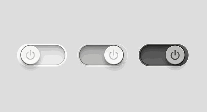 Neumorphic toggle switch set with power icons, minimalist UI design elements in white and grey, modern slider buttons for mobile apps and web interfaces
