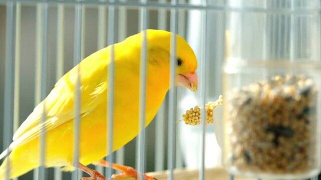 Bright Yellow Canary Bird Eating Seeds and Millet Inside a Metal Cage in a Sunny Indoor Environment