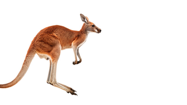 Wild brown australian kangaroo jumping in full body isolated on transparent background.