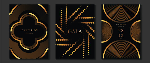 Fototapeta na wymiar Luxury wedding invitation vector templates set. Black and gold elegant event cards with geometric lines, glowing dotted circles and modern gala poster designs