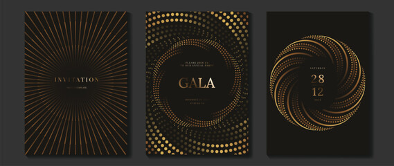 Luxury wedding invitation vector templates set. Black and gold elegant event cards with geometric lines, glowing dotted circles and modern gala poster designs