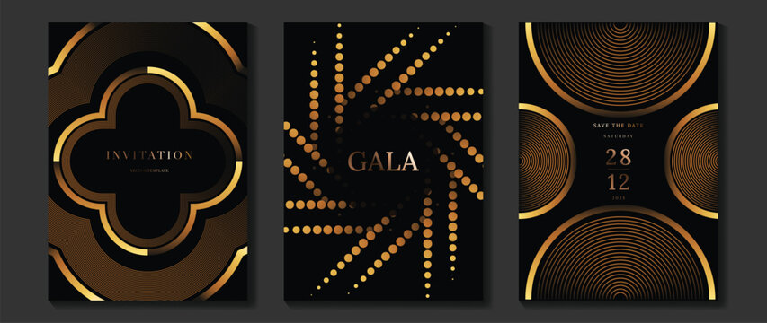 Luxury wedding invitation vector templates set. Black and gold elegant event cards with geometric lines, glowing dotted circles and modern gala poster designs