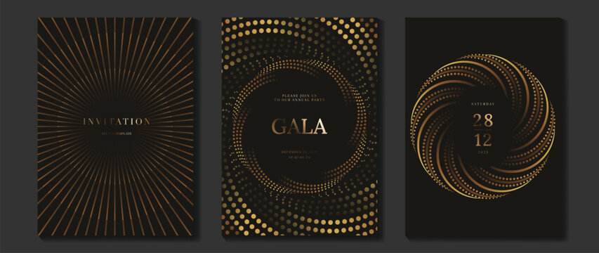 Luxury wedding invitation vector templates set. Black and gold elegant event cards with geometric lines, glowing dotted circles and modern gala poster designs