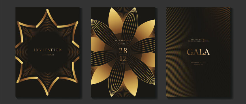 Luxury wedding invitation vector templates set. Black and gold elegant event cards with geometric lines, glowing dotted circles and modern gala poster designs