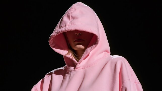 Woman wearing pink hoodie hiding face in shadow