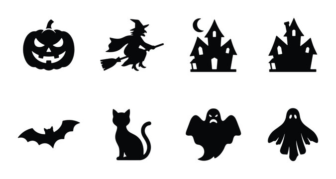 Halloween Icons Vector Set: Spooky Pumpkin, Witch, Haunted House, Bat, Black Cat, Ghosts