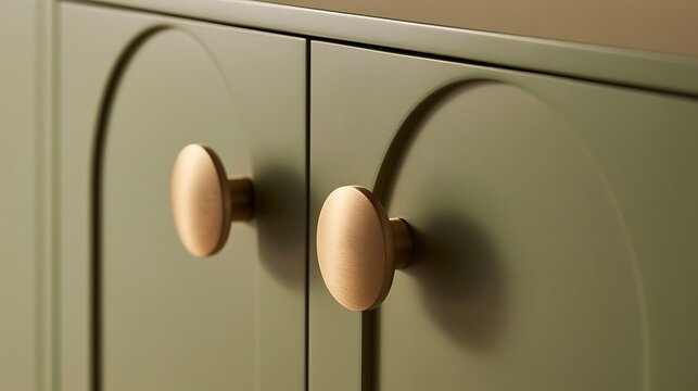 Modern Sage Green Cabinet Doors with Minimalist Rose Gold Knobs.