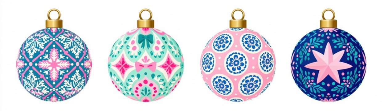Set of Four Isolated Folk Art Christmas Bauble Ornaments with Colorful Folkloric Patterns