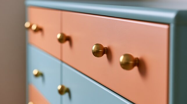 Modern painted wooden chest of drawers with brass knobs.