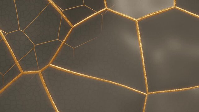 Kintsugi Gold Lacquer Repair Seams on Ceramic With Circling Burnish Glint, Seamless Loop in bright white tones