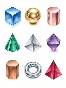Premium watercolor collection of 3D geometric shapes with metallic and gemstone textures, including golden sphere, blue cube, and ruby pyramid isolated on white background for education or art.