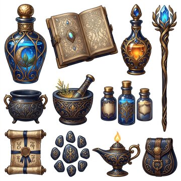 Premium collection of ornate fantasy magic items including glowing alchemy potion bottles, leather grimoire spellbook, crystal staff, iron cauldron, runes, and scroll isolated on white background.