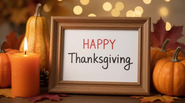 Lit Candle Flickering Beside Happy Thanksgiving Frame And Pumpkins