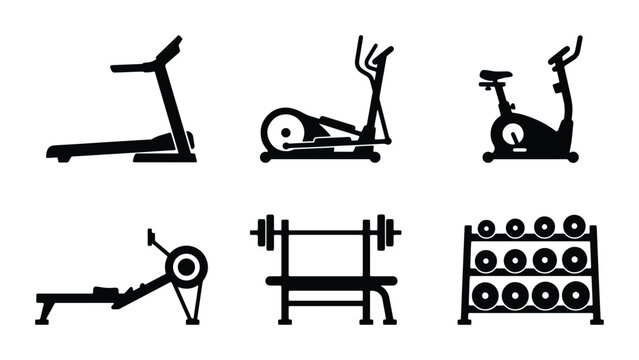 Fitness Equipment Icons: Treadmill, Elliptical, Bike, Rower, Weights, Gym Machine Set