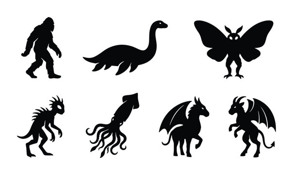 Mythical Creatures Silhouettes: Bigfoot, Loch Ness Monster, Mothman, Kraken, Gargoyle, Dragon, Unicorn