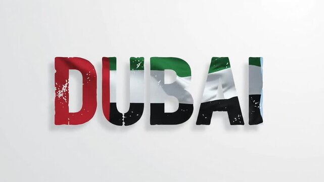 UAE flag waving inside Dubai text on clean background