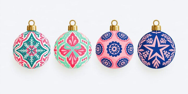 Set of Four Isolated Folk Art Christmas Bauble Ornaments with Colorful Folkloric Patterns