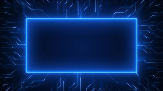Glowing blue circuit lines panel, futuristic technology border central copy space. artificial intelligence, cyber security, software launches, data presentations, electronics, finance digital branding