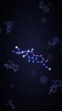 Rotating 3D molecule ball and stick model chemistry and pharmaceutical science background seamless loop in vibrant indigo tones vertical 9:16