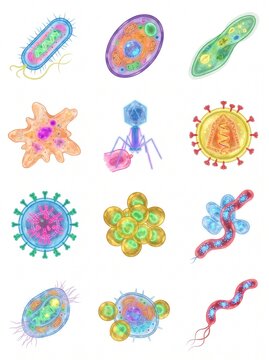 Detailed set of colorful microorganisms, bacteria, and virus cells on white background. Educational microbiology illustrations including amoeba, bacteriophage, paramecium, and medical pathogens.