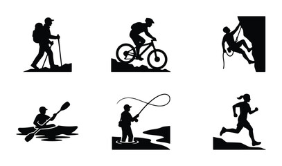 Fototapeta premium Outdoor Adventure Icons: Hiking, Biking, Climbing, Kayaking, Fishing, Running Vector Set