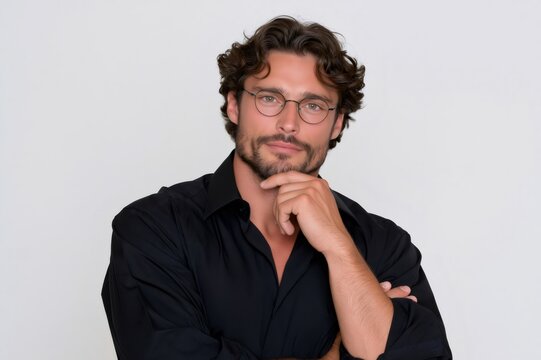 Man with spectacles thinking and looking at camera