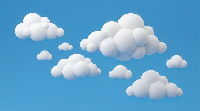 A collection of fluffy white 3d rendered clouds isolated against a clear bright blue sky background
