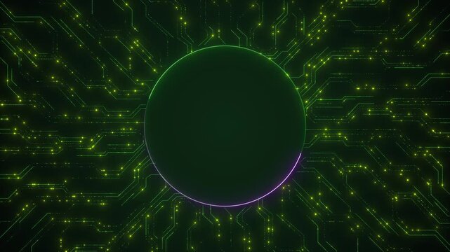 Green circuit lines glowing nodes radiate center, artificial intelligence 19 frame. cyber security, software launches, data presentations, digital branding, coding media, future logo reveal.