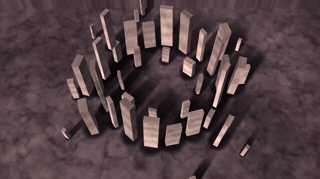 Ancient Stone Circle of Standing Monoliths, Slow Orbiting Aerial View With Parallax, Seamless Loop in subtle rose tones