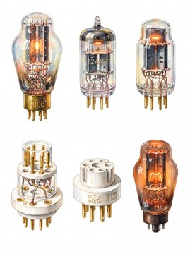 Collection of vintage vacuum tubes and ceramic sockets in artistic watercolor style featuring 300B and 12AX7 triodes for high-end audio amplifiers, retro electronic components on white backdrop.