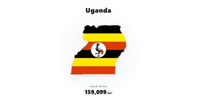 Uganda map silhouette filled with horizontal flag stripes and circular emblem graphic centered on white background with soft drop shadow