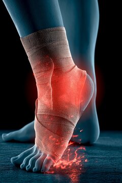 A detailed representation of an injured ankle wrapped in a bandage. The image highlights the pain area with a glowing effect. This style is digital and expresses medical themes. AI