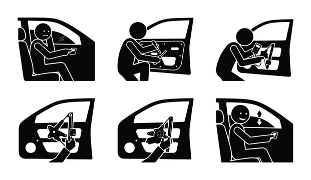 Car Interior Repair Icons: Stick Figure Mechanics Fixing Auto Door, Steering Wheel, and Dashboard Elements
