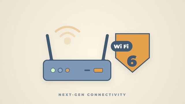 Minimalist illustration of a wireless router and Wi-Fi 6 shield icon representing next-gen connectivity and high-speed internet technology.